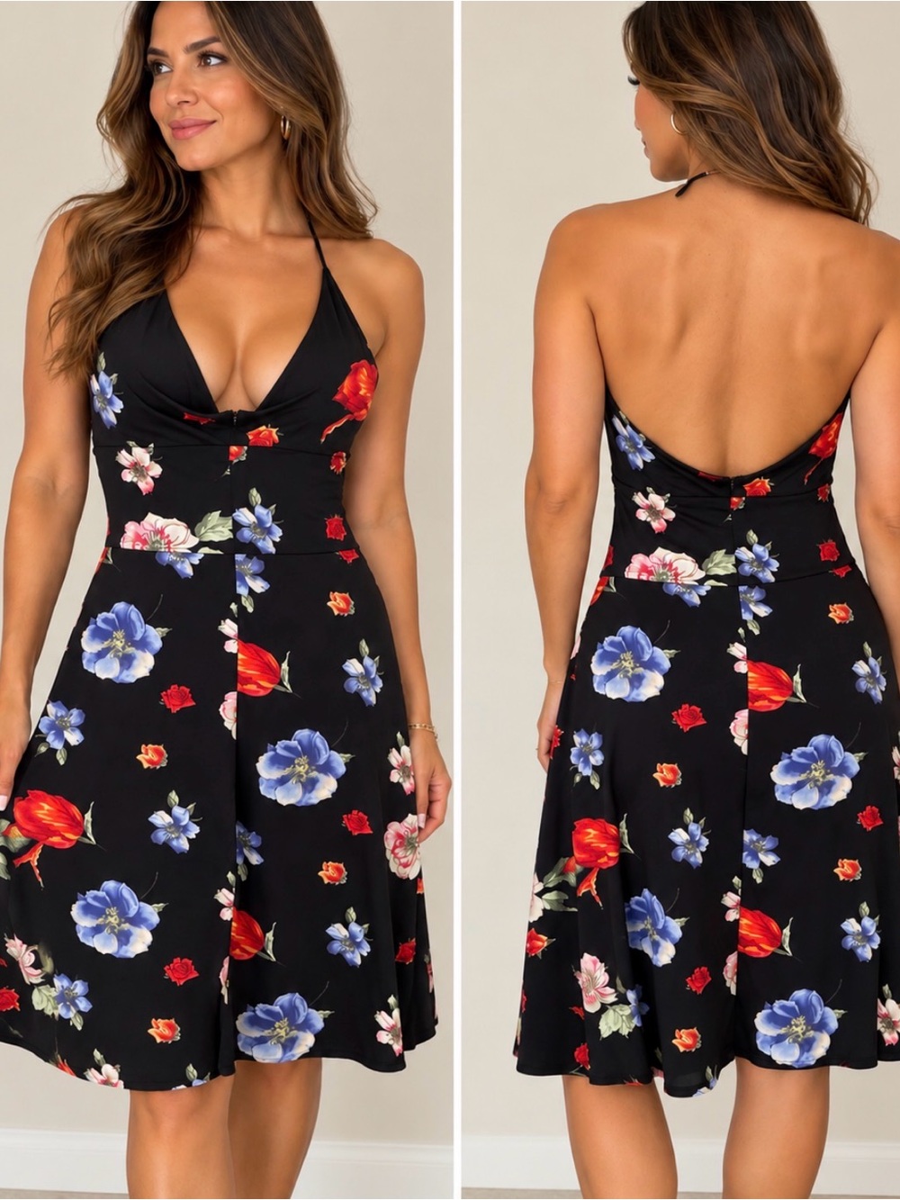 ABS Allen Schwartz Black Floral Halter Mini Dress with Red & Blue Blooms